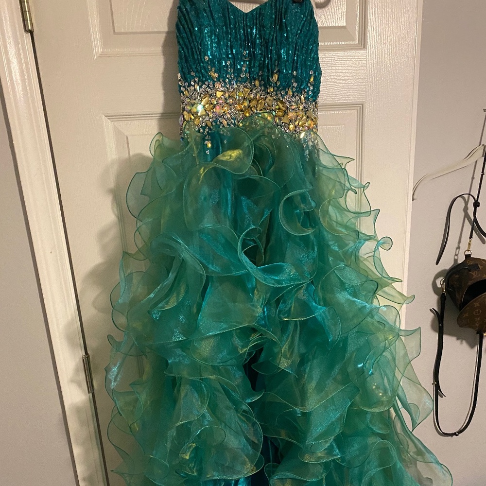 Emerald Green Prom high low ruffle prom dress